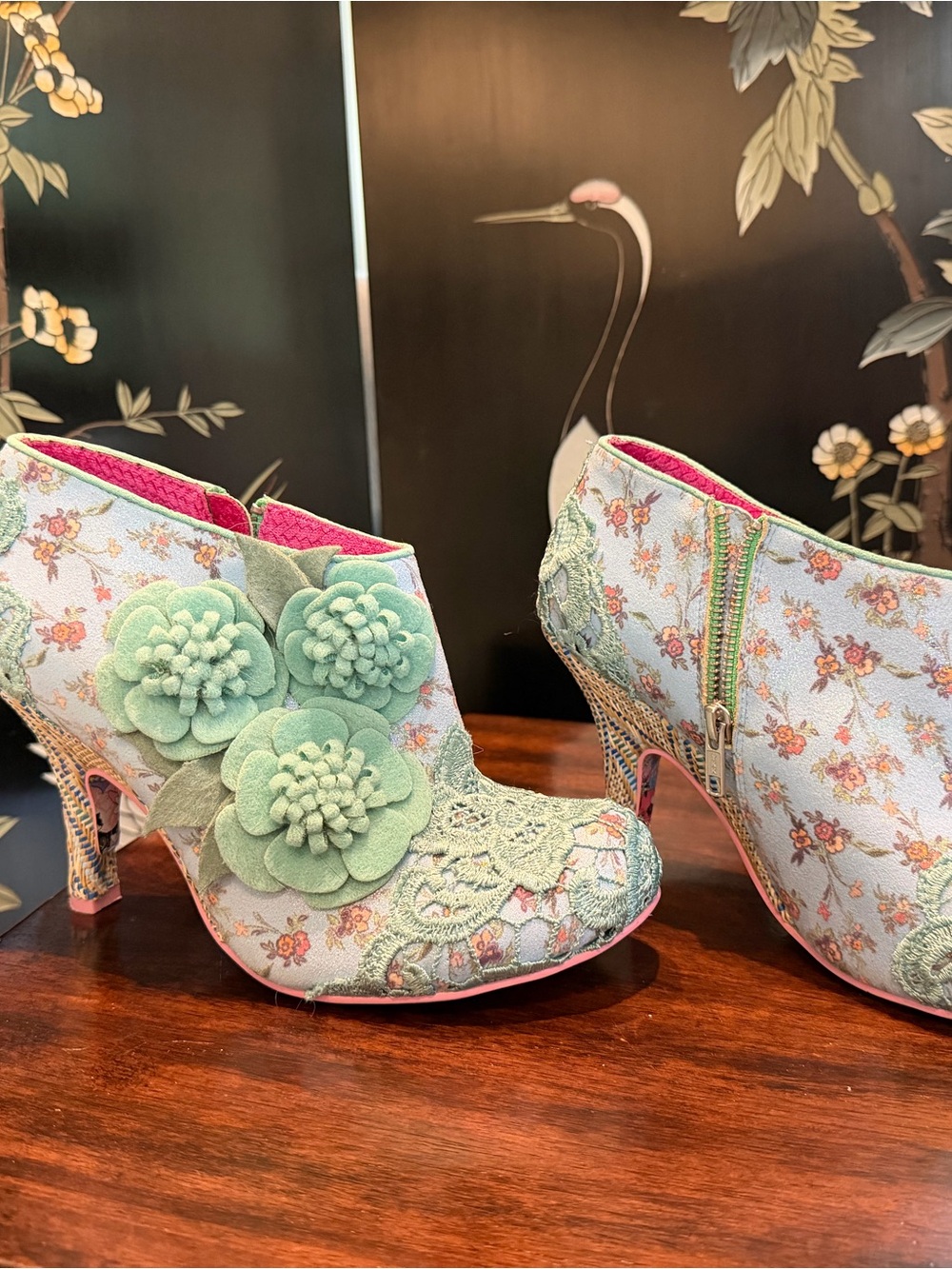 Irregular Choice Mint Floral Lace Ankle Booties with Pink Accents size 10